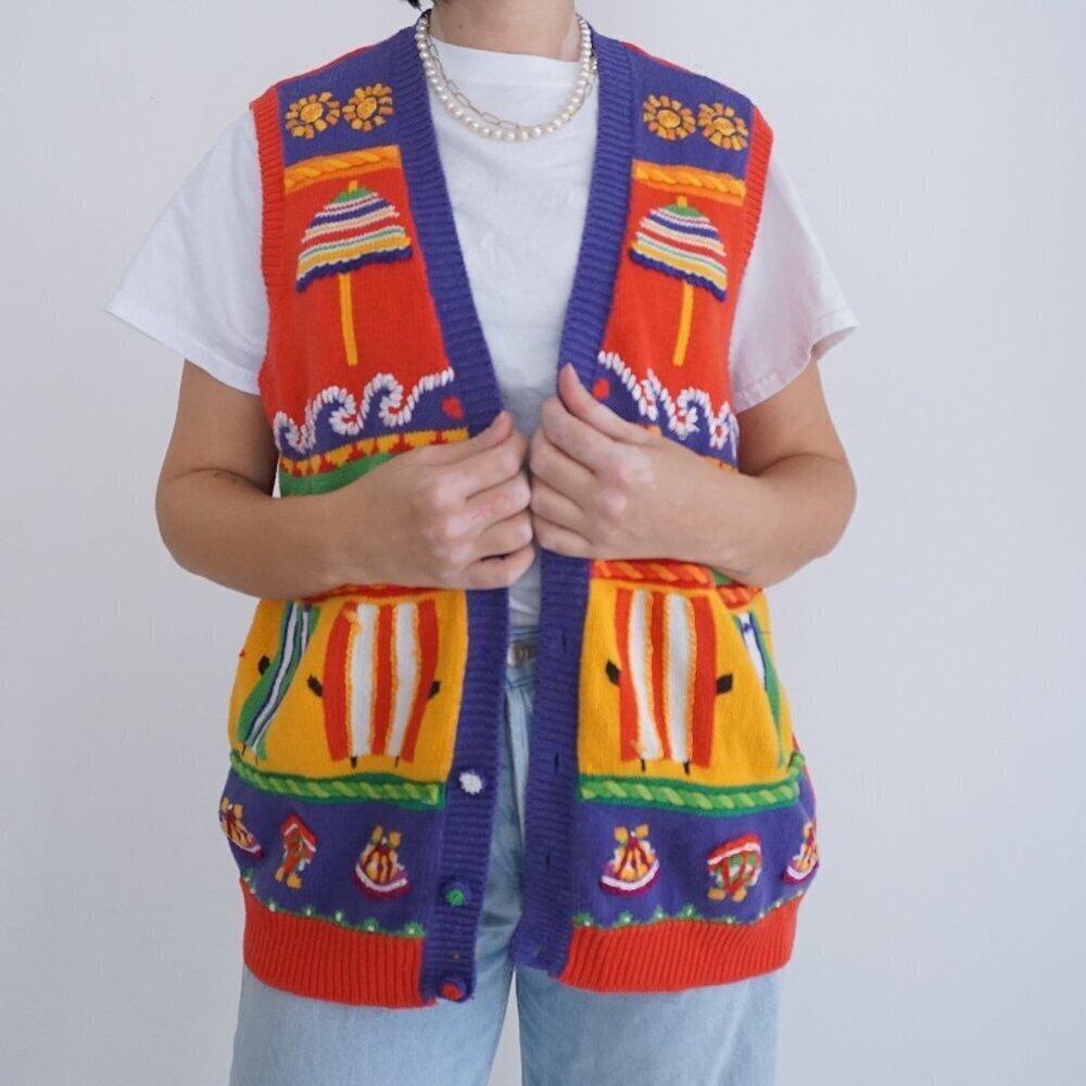 Vintage Star Blue Red Knit Beach Fish Sea Ocean Button Cardigan Sweater Vest L - Picture 2 of 12